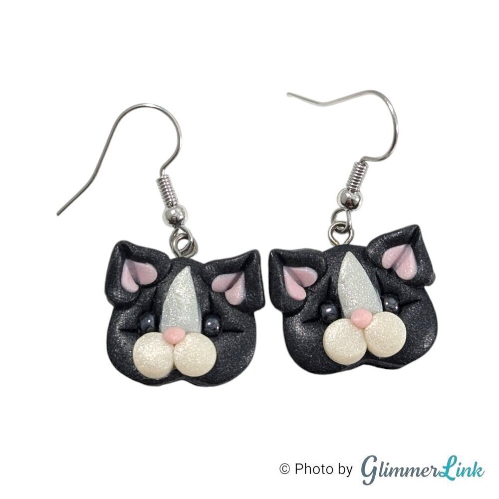 Black White & Pink Cat Face Sculpted Polymer Clay Faux Pearl Dangle Earrings